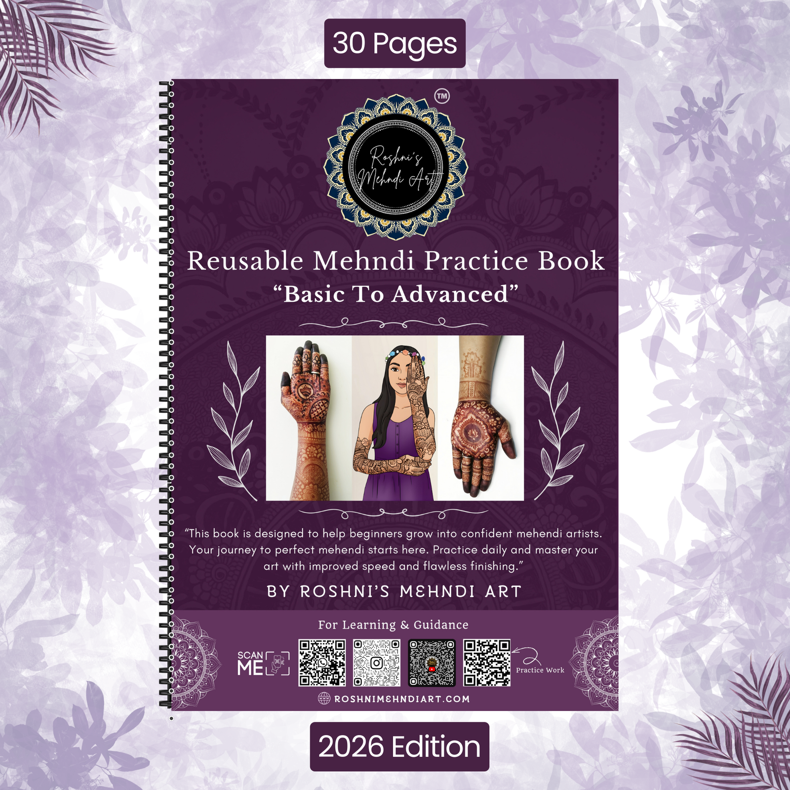 Reusable Mehndi Practice Book 30 Laminated Pages – A4 Size Henna Practice Sheets - Basic to Advanced